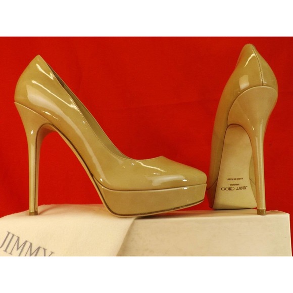 NIB JIMMY CHOO COSMIC 120 NUDE PATENT LEATHER PLATFORM CLASSIC PUMPS 41 $695